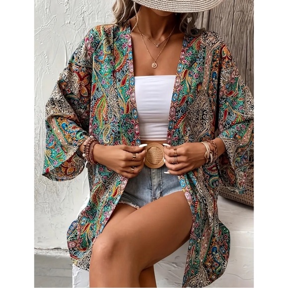NWOT Boho Mixed Prints Open Front Kimono L - Picture 2 of 13